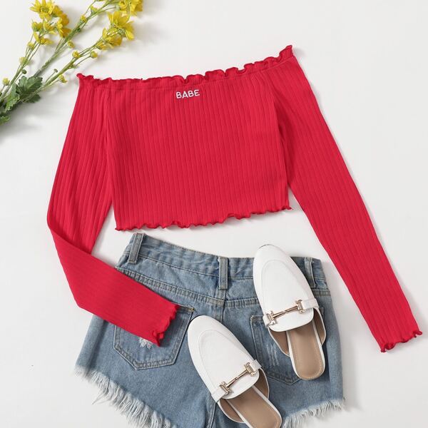

Off Shoulder Lettuce Trim Letter Embroidery Top, Red