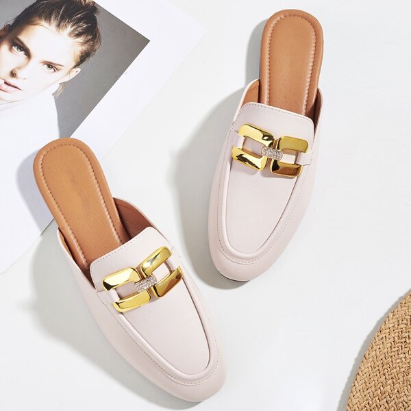

Metal Decor Flat Mules, Beige