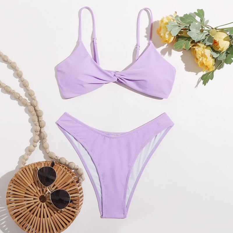 

Solid Knot High Cut Bikini Swimsuit, Lilac purple