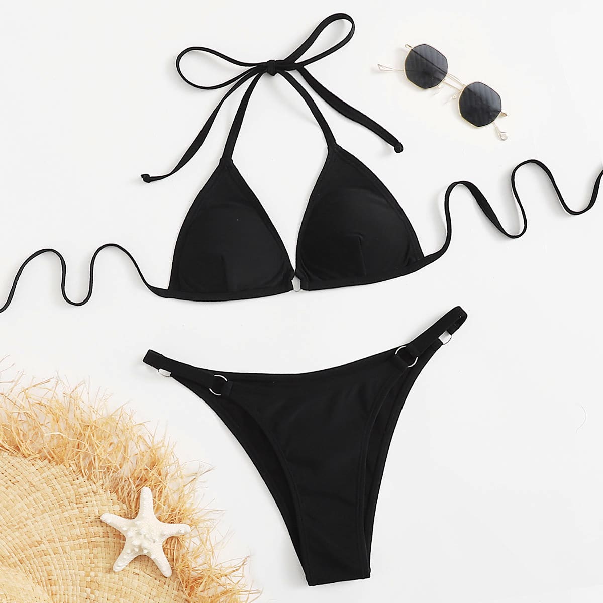 

Solid Triangle Ring Bikini Swimsuit, Black