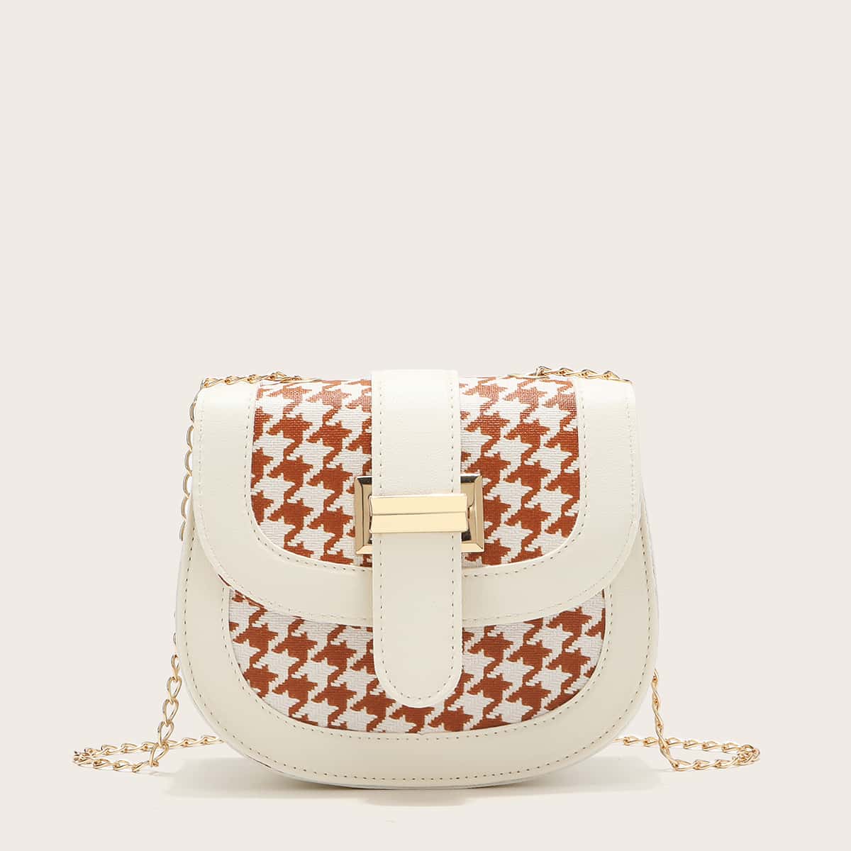 

Houndstooth Chain Saddle Bag, White