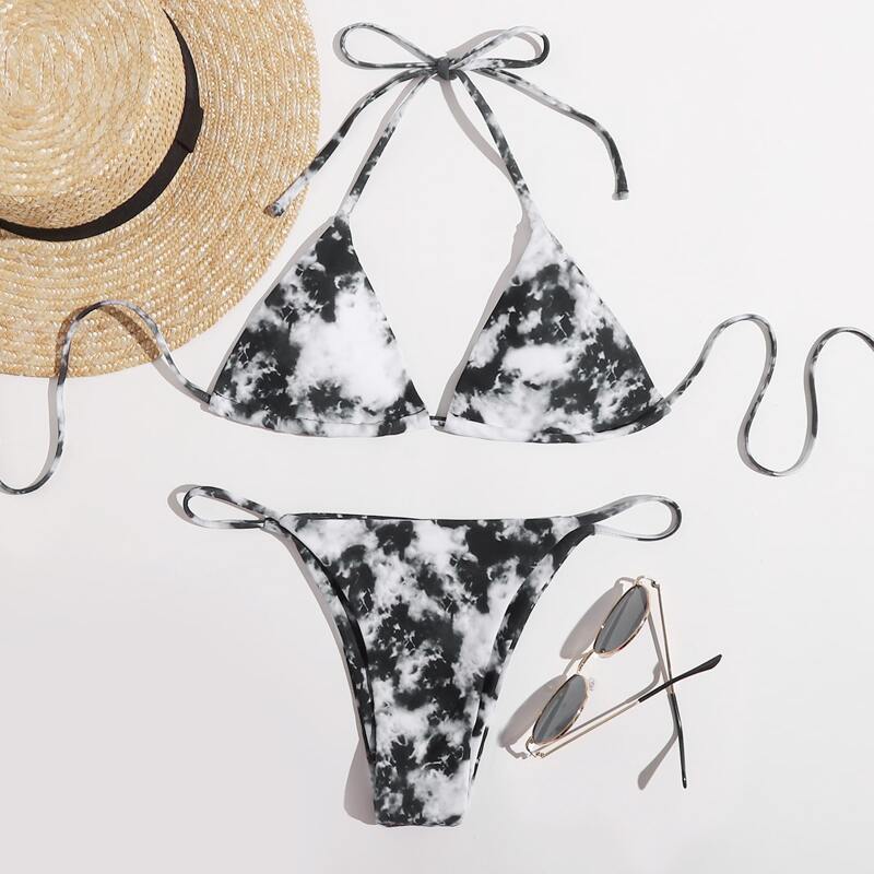 

Tie Dye Halter Bikini Swimsuit, Black and white