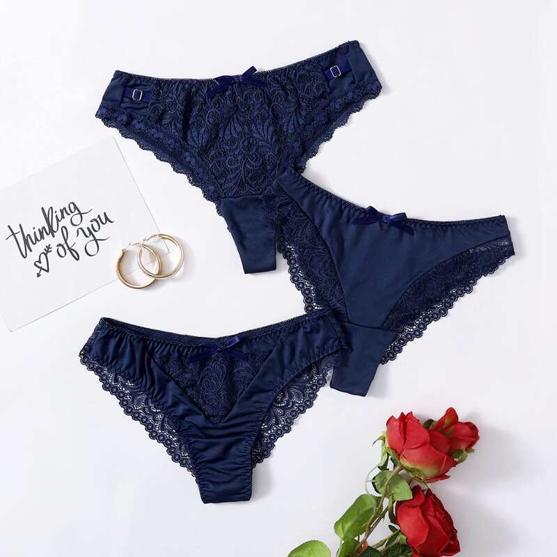 

3pack Contrast Lace Panty Set, Navy blue