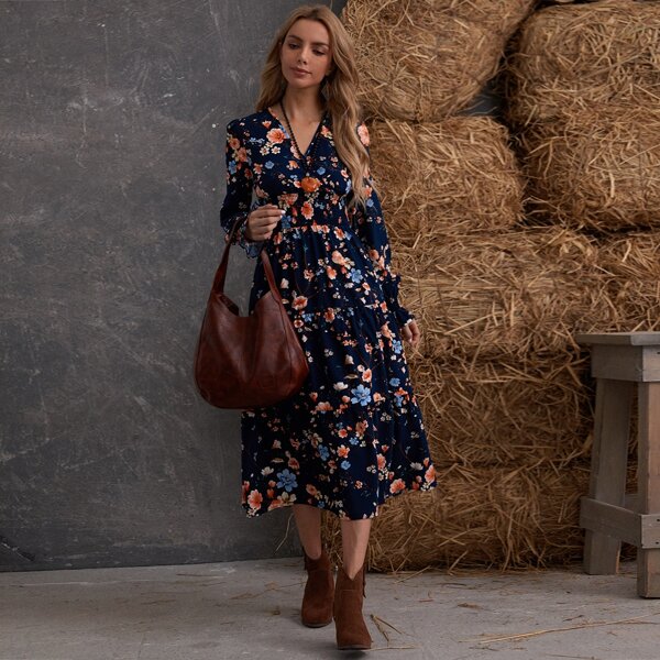

Floral Print Shirred Waist A-line Dress, Navy blue