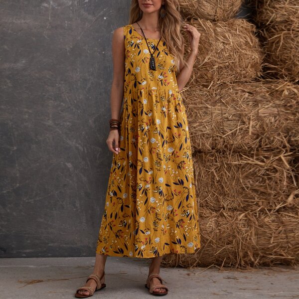 

Plants Print Smock Dress, Mustard yellow