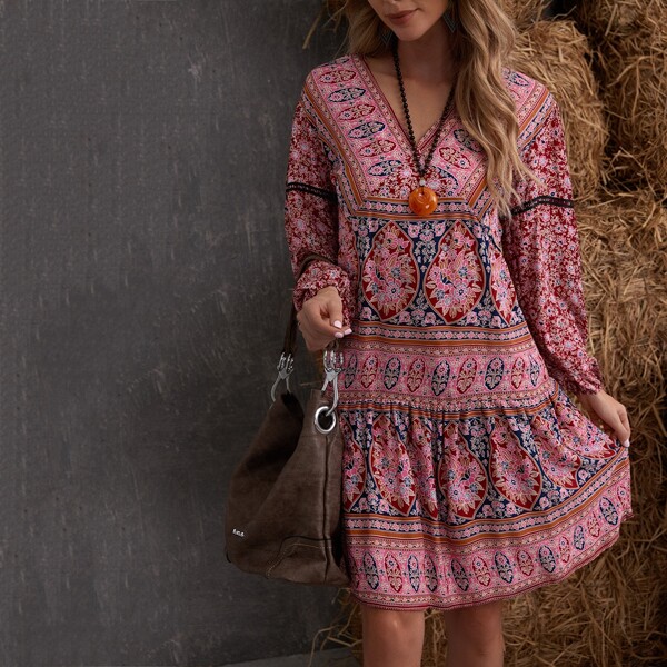 

Floral V-neck Bishop Sleeve Ruffle Hem Dress, Multicolor