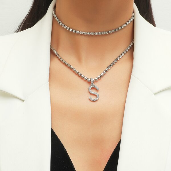 

Letter Pendant Rhinestone Layered Necklace, Silver