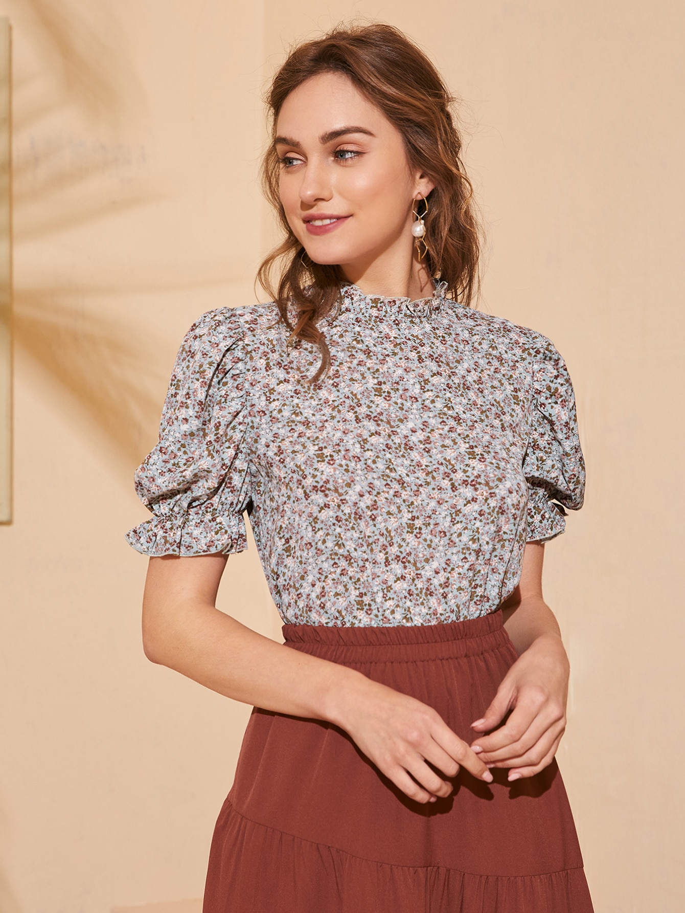 Frilled Neck Puff Sleeve Ditsy Floral Top thumbnail
