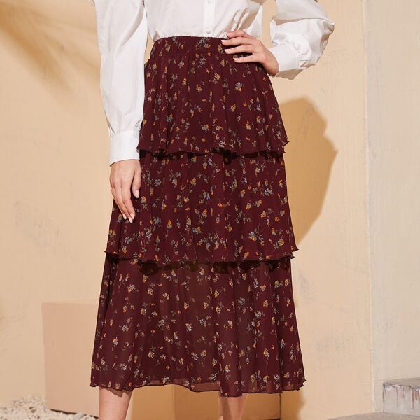 

Ditsy Floral Layered Ruffle Trim Skirt, Maroon