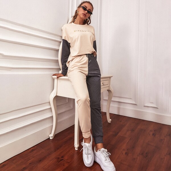 

Letter Graphic Color Block Sweatshirt & Sweatpants, Multicolor