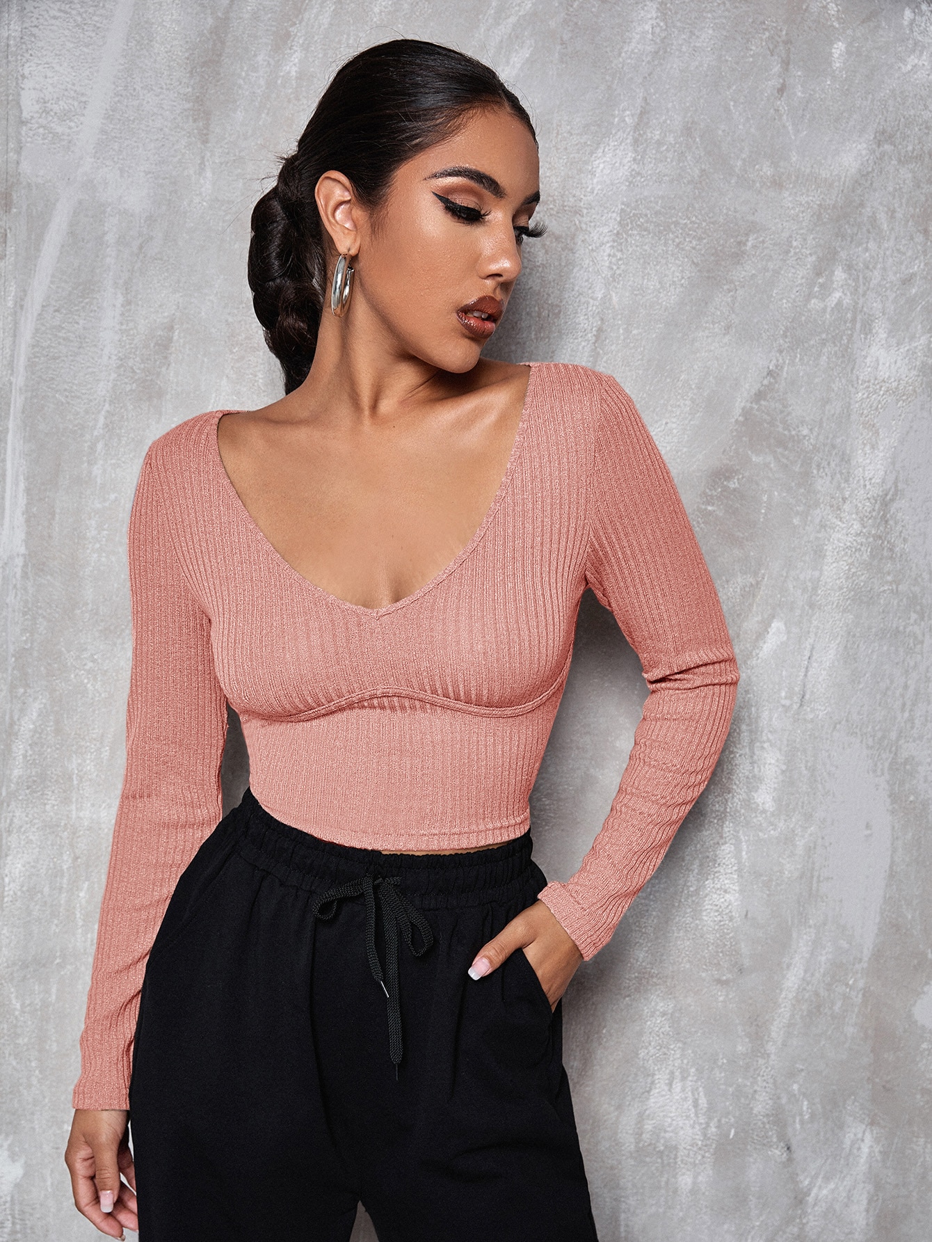 V Neck Solid Fitted Crop Tee thumbnail
