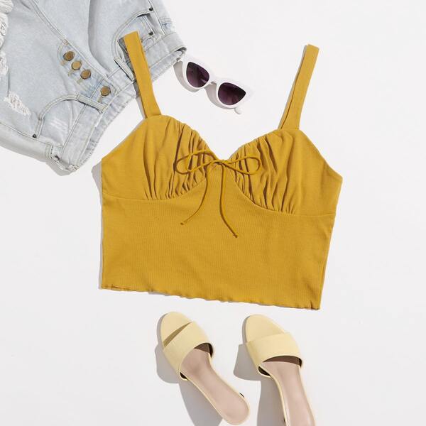 

Plus Tie Front Lettuce Trim Cami Top, Mustard yellow