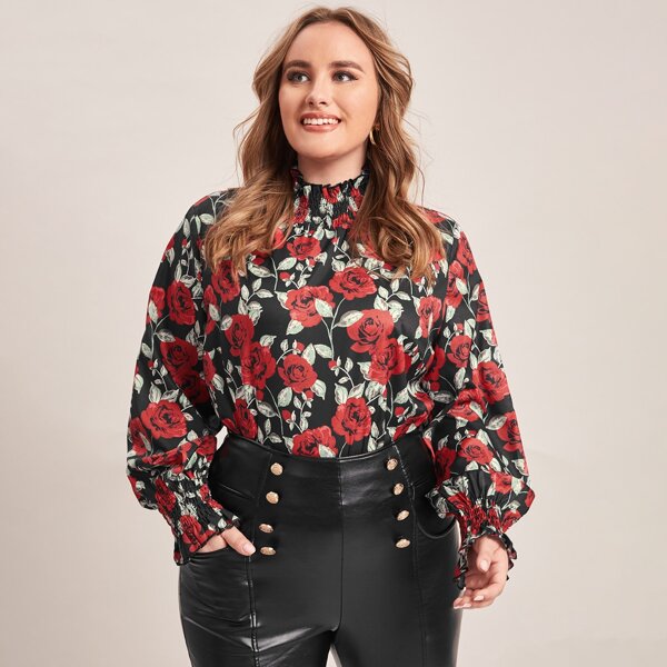 

Plus Shirred Neck Allover Floral Blouse, Multicolor
