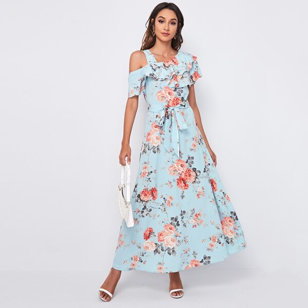 

Asymmetrical Neck Ruffle Trim Belted Floral Print Dress, Mint blue