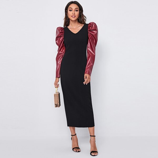 

Contrast PU Leather Gigot Sleeve Slit Back Fitted Dress, Black