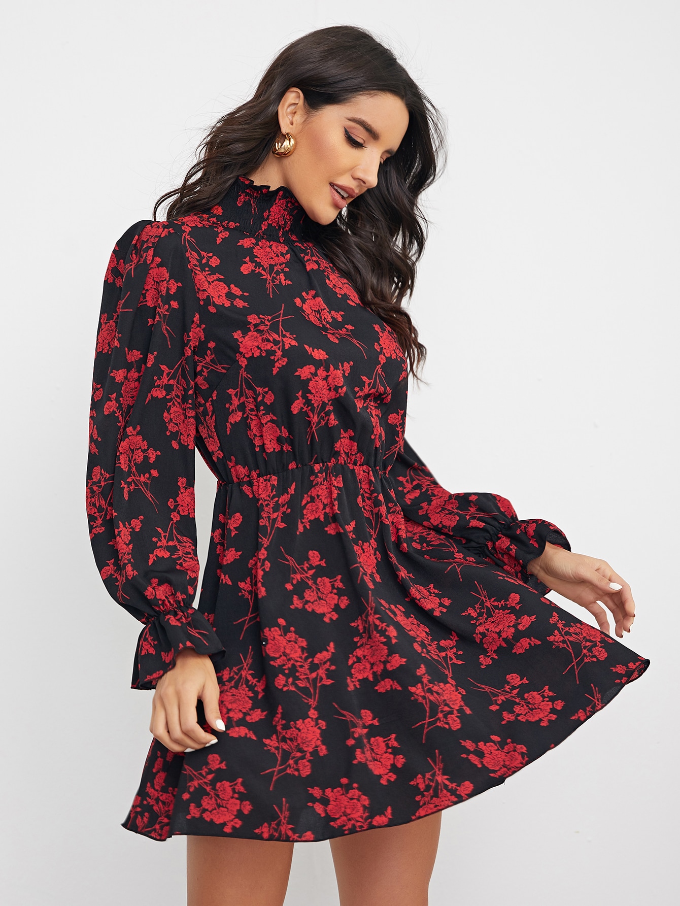 Shirred High Neck Flounce Sleeve Floral Dress thumbnail