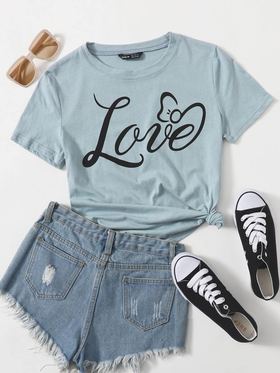 SHEIN Camiseta gris con estampado de letra - Neblina azul - Ver 1