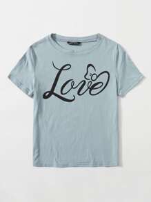 SHEIN Camiseta gris con estampado de letra - Neblina azul - Ver 3