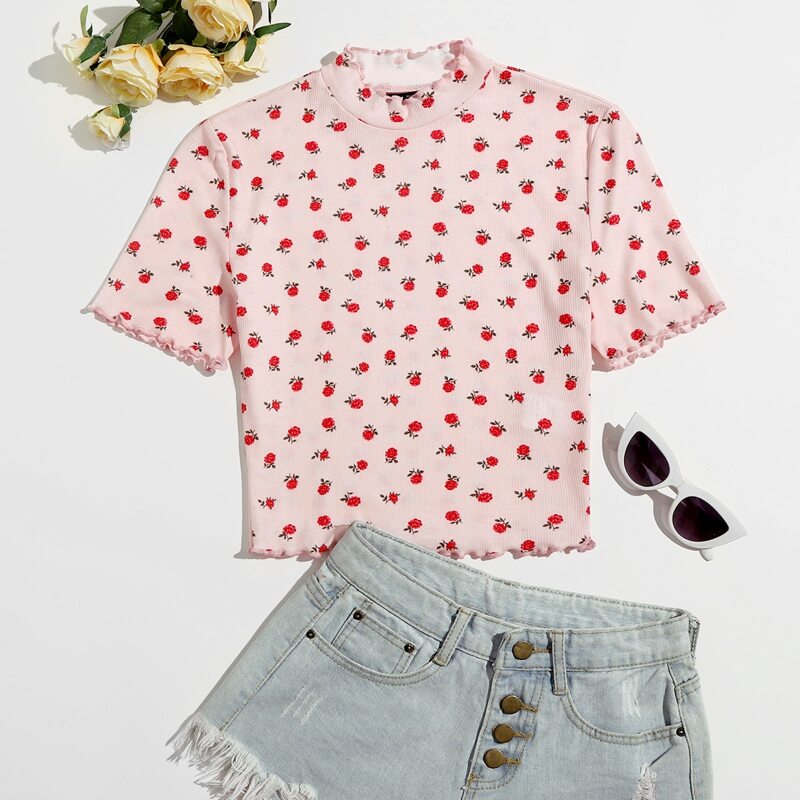 

Lettuce Trim Ditsy Floral Tee, Pastel baby pink
