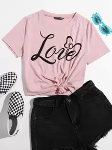 SHEIN Camiseta gris con estampado de letra - Rosa vieja - Ver 1