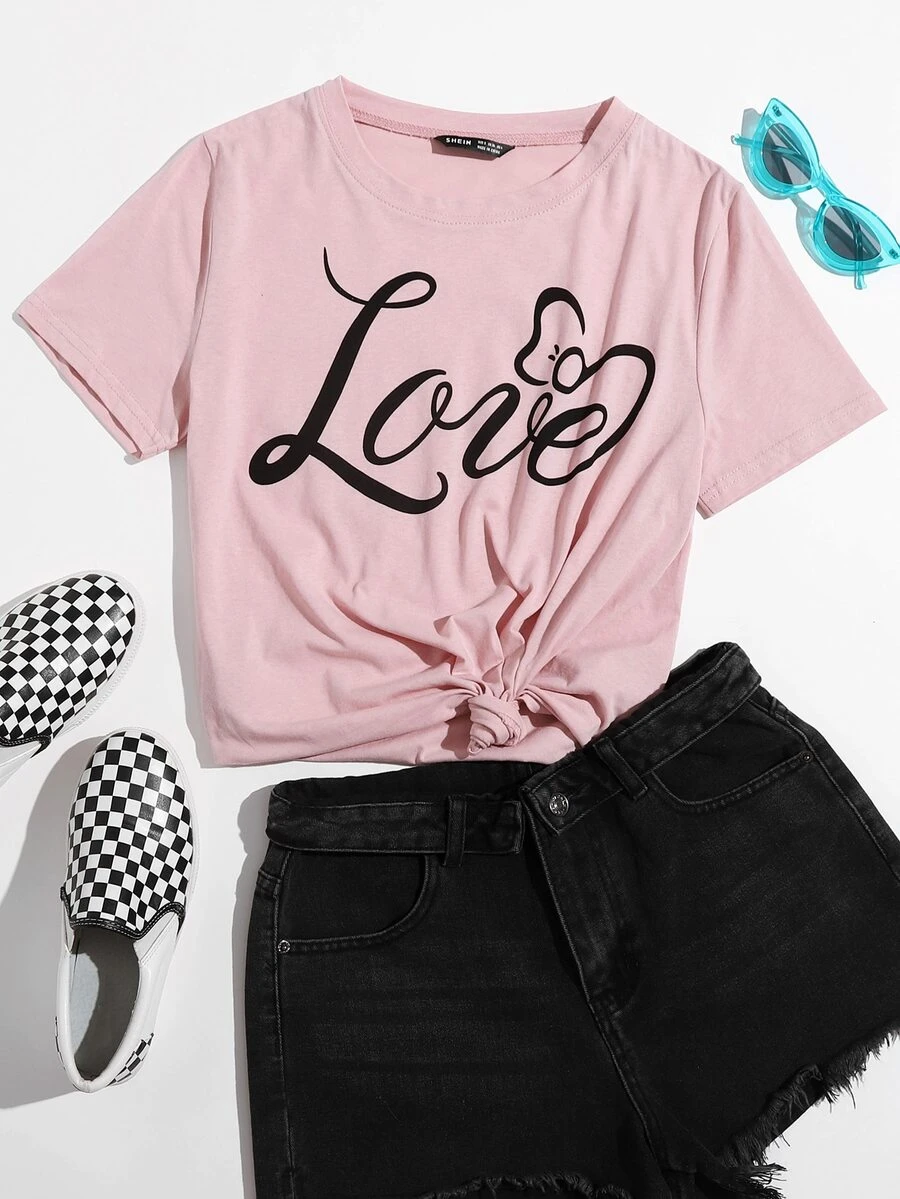 SHEIN Camiseta gris con estampado de letra - Rosa vieja - Ver 1