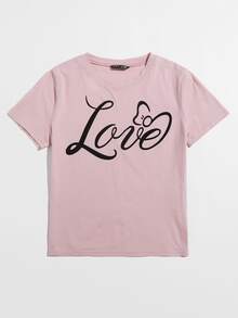 SHEIN Camiseta gris con estampado de letra - Rosa vieja - Ver 3
