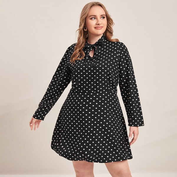 

Plus Tie Neck Polka Dot A-line Dress, Black