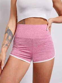 SHEIN EZwear 寬腰帶拼接滾邊雜色針織短褲 - 粉色 - 查看 2