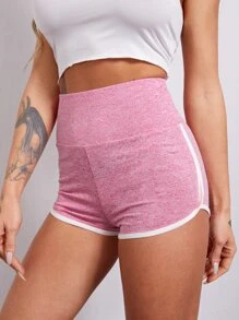 SHEIN EZwear 寬腰帶拼接滾邊雜色針織短褲 - 粉色 - 查看 4