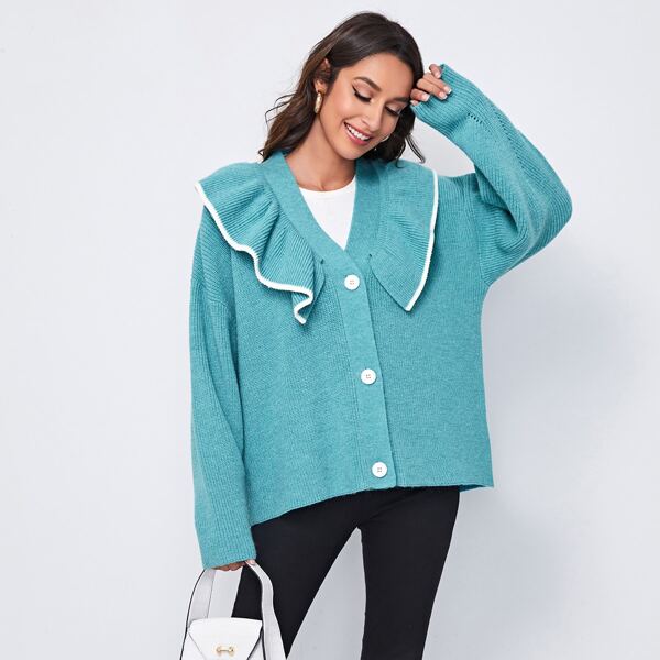 

Single Breasted Contrast Binding Ruffle Trim Cardigan, Mint blue