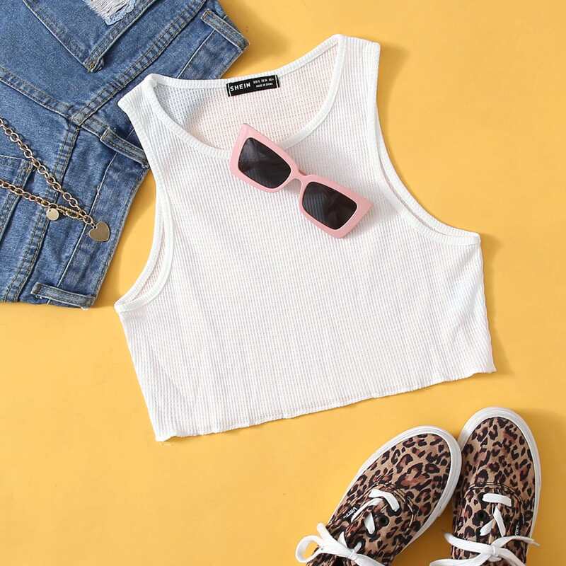 

Round Neck Waffle Knit Tank Crop Top, White