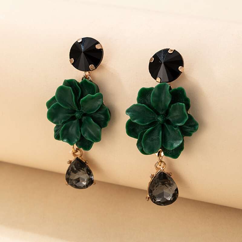 

Flower Decor Rhinestone Drop Earrings, Green