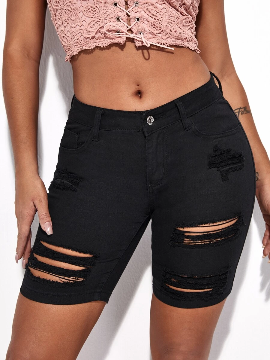 SHEIN SXY Quần short Denim Nút màu trơn - màu đen - Xem 1