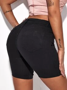 SHEIN SXY Quần short Denim Nút màu trơn - màu đen - Xem 2