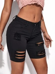 SHEIN SXY Quần short Denim Nút màu trơn - màu đen - Xem 4