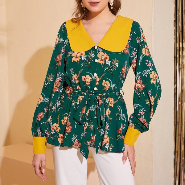 

Floral Peter Pan Collar Belted Top, Green