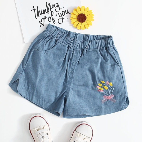 

Toddler Girls Floral Embroidery Bow Detail Denim Shorts, Blue
