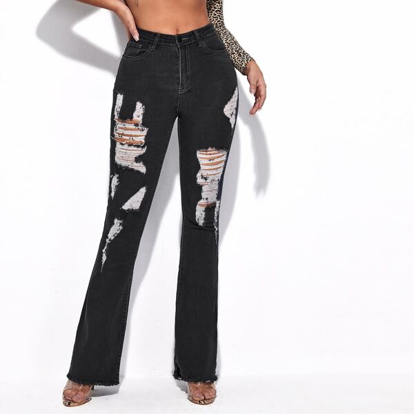 

Raw Hem Ripped Flare Leg Jeans, Black