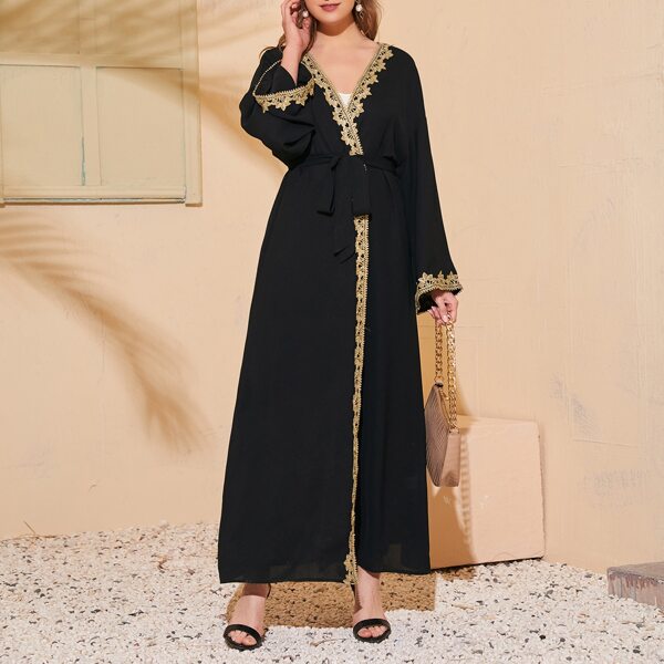 

Guipure Lace Trim Belted Abaya, Black