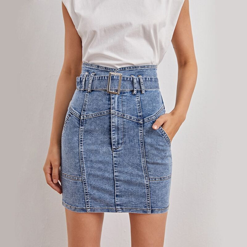 

High Waist Buckle Belted Slant Pocket Denim Skirt, Light wash