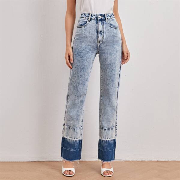 

Slant Pocket Raw Hem Straight Jeans, Light wash