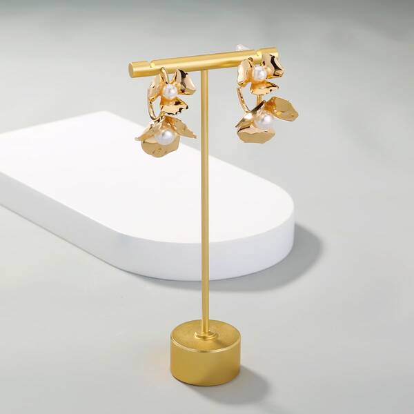 

Faux Pearl Decor Open Hoop Earrings, Gold