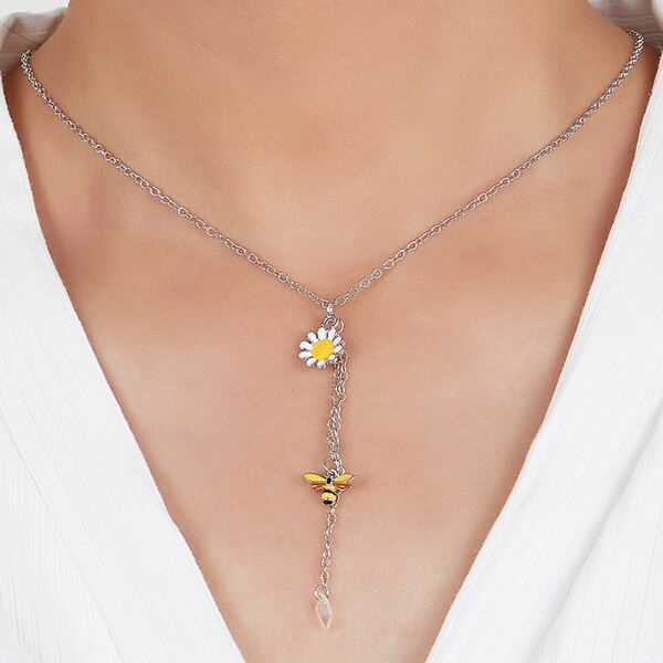 

Bee & Flower Charm Y Lariat Necklace, Silver