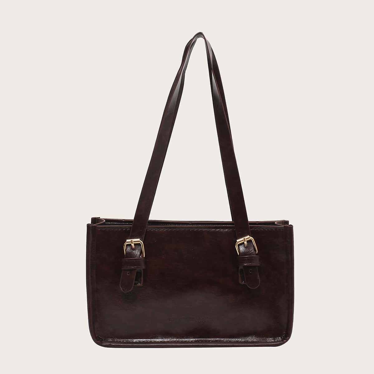 

Solid Buckle Decor Shoulder Bag, Chocolate brown
