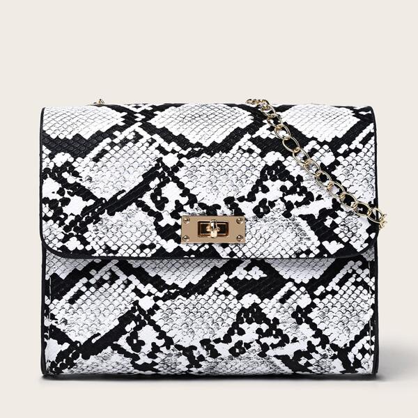 

Snakeskin Print Twist Lock Flap Chain Bag, Black