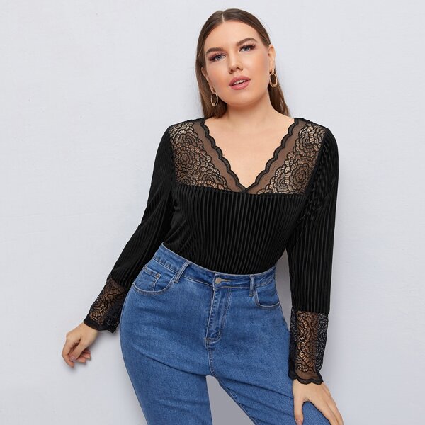 

Plus Velvet Contrast Lace Tee, Black