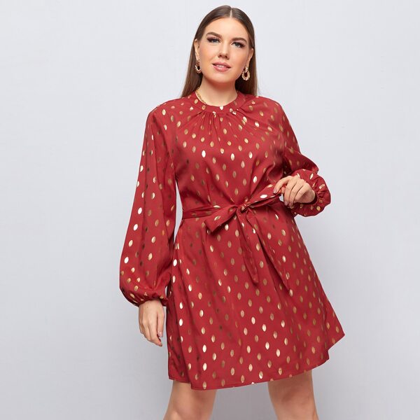 

Plus Gilding Polka Dot Belted Dress, Red