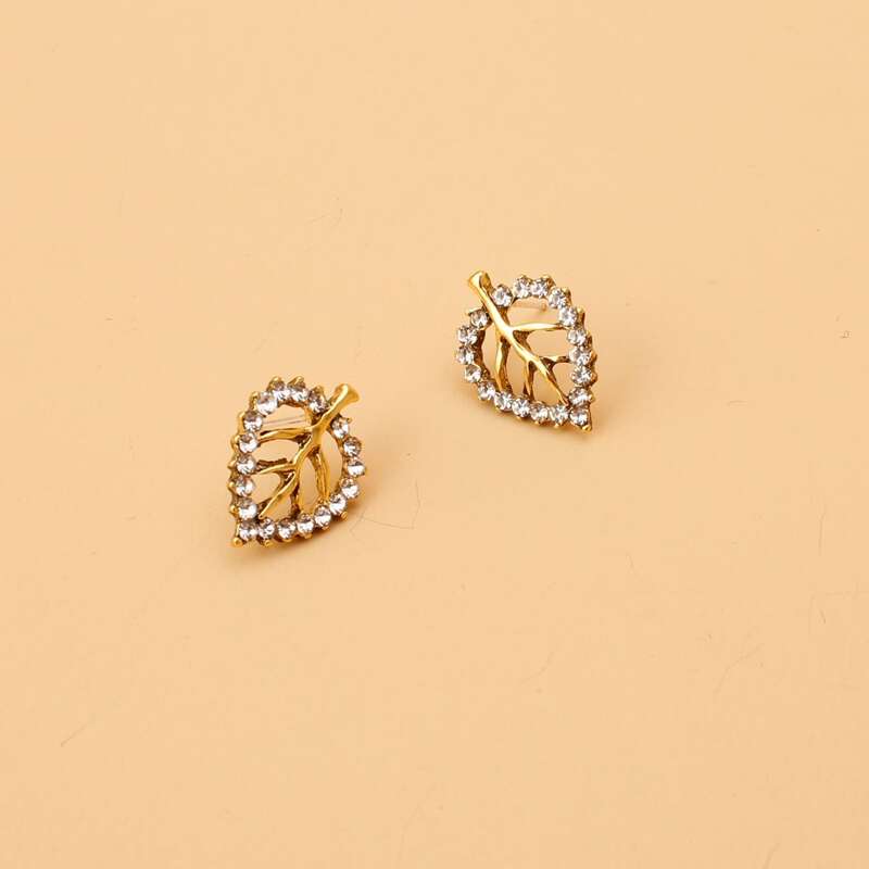 

Rhinestone Leaf Stud Earrings, Gold