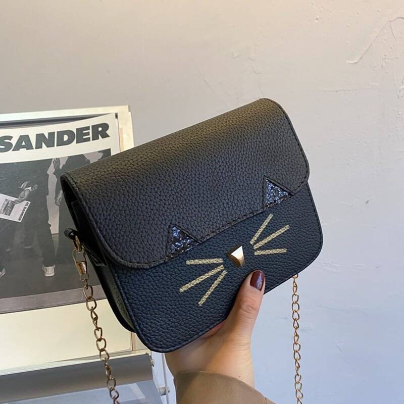 

Cartoon Cat Chain Crossbody Bag, Black