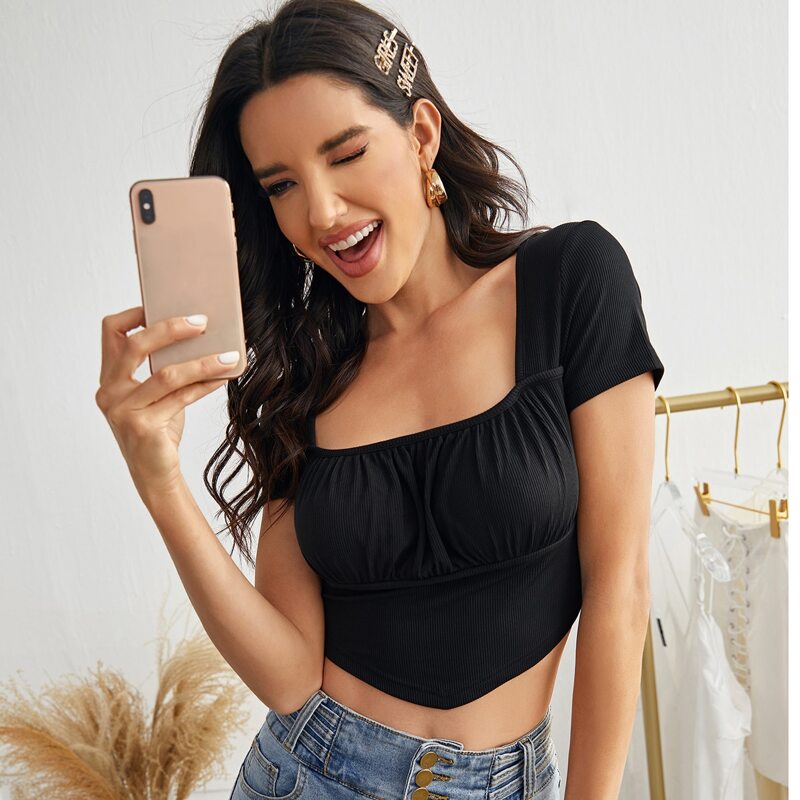 

Square Neck Asymmetrical Hem Crop Tee, Black